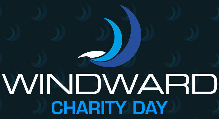 Windward Charity Day logo with stylized blue and white sail graphic on a dark background.