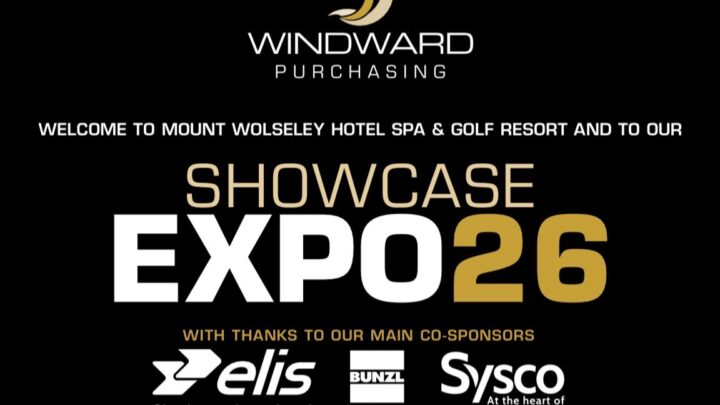 A black event banner for Windward Purchasing's Showcase Expo 26 at Mount Wolseley Hotel, with sponsor logos for Elis, Bunzl, and Sysco.
